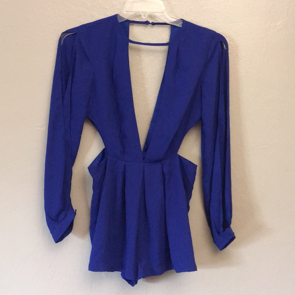 Royal blue deep neck romper shorts